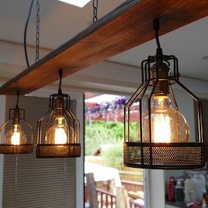 Reclaimed Wood Slab Suspended Light With 3x Metal Cages & Metal Bulbholders, Decorative Wood Light, Rustic, Ceiling