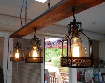 Reclaimed Wood Slab Suspended Light With 3x Metal Cages & Metal Bulbholders, Decorative Wood Light, Rustic, Ceiling