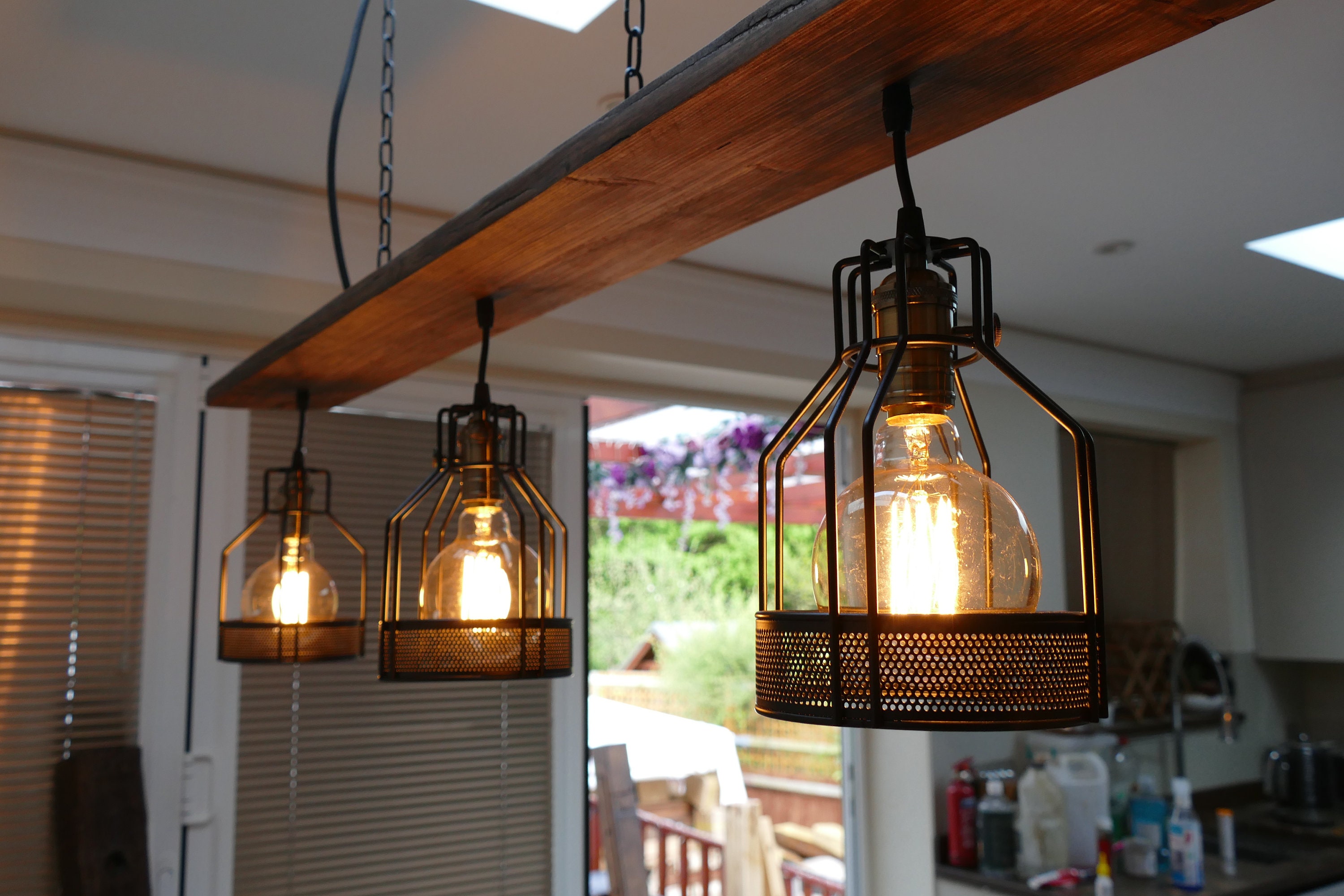 Reclaimed Wood Slab Suspended Light With 3x Metal Cages & Metal Bulbholders, Decorative Wood Light, Rustic, Ceiling - Etsy Reclaimed Wood Slab Suspended Light With 3x Metal Cages & Metal Bulbholders, Decorative Wood Light, Rustic, Ceiling - Etsy
