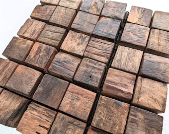 Rustic Reclaimed Wood Mosaic Tiles, 3D Wall Cube Panels, 1sqm (11x Tiles)