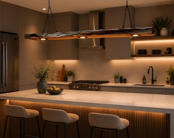 Yew Wood Slab With LED Spot Lights, Pendant Light, Timbers With Recessed Spotlights