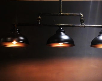 Industrial Style Metal Pipes Light With 3 Metal Shades, Chandelier Light Fixture, Rustic Lighting, Pendant, Hanging, Farmhouse