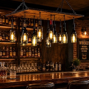 Wine Bottle Chandelier: Industrial Hanging Light with Dark Oak Wood Base