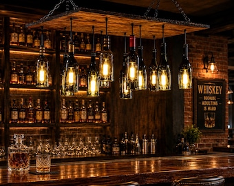 Wine Bottle Chandelier: Industrial Hanging Light with Dark Oak Wood Base