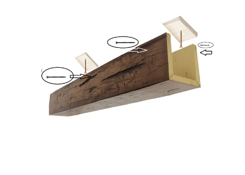 May include: A hollow U-shaped wooden beam with a dark brown, textured exterior and a light tan interior. The beam is shown with two white mounting blocks, two long screws, and two smaller screws, with arrows indicating the installation process.