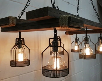 Wood Chandelier With 4/6 Lights, Rustic Lighting, Rustic Light Fixture, Suspended, Hanging, Farmhouse, Industrial