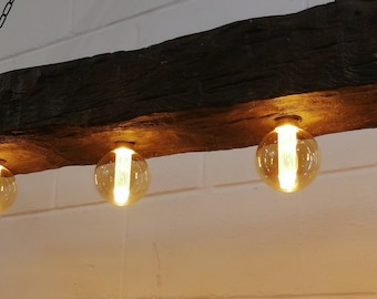 Faux Oak Wood Beam Light with 5 Round Bulbs: Rustic Industrial Hanging Lighting