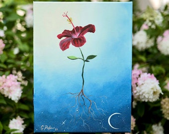May include: An acrylic painting of a hibiscus flower with a deep red bloom, green stem, and exposed roots. The background transitions from light blue to dark blue, with a crescent moon and stars.