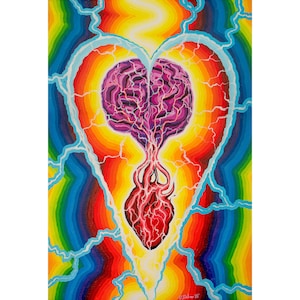 May include: A vibrant painting featuring a heart and brain connected by a central vein, set against a rainbow gradient background. The heart is red, the brain is purple, and the background transitions through various colors. White lightning bolts frame the heart.