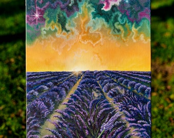 May include: An original painting of a lavender field under a sunset sky. The artwork features rows of purple lavender, a bright yellow and orange sunset, and a colorful, starry sky. The painting is signed in the bottom right corner.