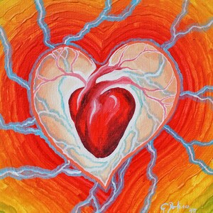 May include: An abstract painting of a heart, with a red heart shape at the center, surrounded by a lighter heart shape with veins. The background is a gradient of orange, yellow, and green, with blue lines radiating outwards.