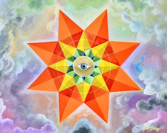 May include: An abstract painting featuring a geometric star with an eye at the center. The star is composed of orange, yellow, and green shapes. The background is a cloudy sky with shades of purple, blue, and white.