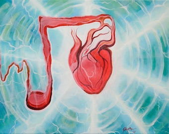 May include: An abstract painting featuring a red musical note and a heart shape against a blue and white background. The artwork has a vibrant, energetic feel with radiating lines and lightning bolt-like patterns.