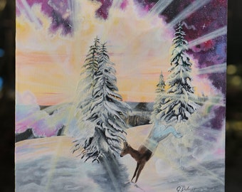 May include: Square painting of a winter landscape with a deer leaping through the snow. The artwork features snow-covered evergreen trees, a colorful sky with stars, and a signature in the bottom right corner.