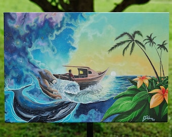 May include: An acrylic painting depicts a boat sailing on a sea with a whale and a hand reaching out from the sky. Palm trees and flowers are on the right side. The sky transitions from blue to purple.