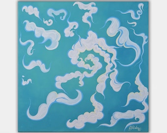 May include: An abstract painting on a square canvas. The artwork features white, cloud-like shapes against a light blue background. The clouds have soft edges and are outlined in a lighter blue. The artist's signature is in the bottom right corner.