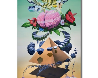 May include: An abstract painting featuring a pink brain, flowers, crystals, and a golden pyramid. A spiral staircase and floating rocks are also depicted. The artwork has a surreal, dreamlike quality, with a gradient background.