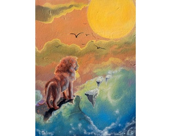 May include: An oil painting depicts a lion standing on a cloud, gazing at a large yellow sun. The sky transitions from orange to blue, with birds in flight. The artwork has a textured appearance.