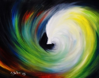 May include: Abstract oil painting with a swirling vortex design. The artwork features a central white and yellow spiral surrounded by bands of green, blue, red, and black. Signed "C. Polinar '18".
