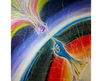 May include: Abstract painting with a vibrant color palette. The artwork features a central point with radiating lines and shapes in shades of blue, red, yellow, and green. The composition evokes a sense of energy and movement.