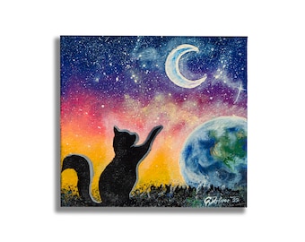 May include: A square painting depicts a black cat silhouette reaching toward a crescent moon and a blue and green planet. The background features a starry night sky with shades of purple, orange, and yellow. The artwork is signed and dated.
