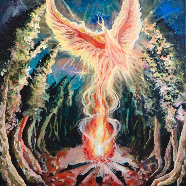 Phoenix se lève | Animal spirituel| Élément feu | Art visionnaire par @idrawmypassion | Peinture intuitive | Impression sur toile