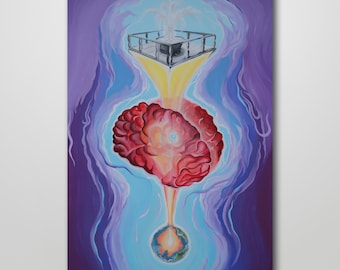 May include: An abstract painting featuring a red brain at the center, connected to a small Earth and a geometric structure above. The artwork uses a palette of blues, purples, and yellows, with a glowing effect around the brain and other elements.