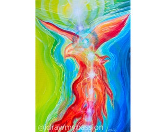 May include: An abstract painting of a phoenix in shades of red, orange, and yellow, with a blue and green background. The artwork features the text "@idrawmypassion" in the bottom left corner.