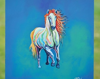 May include: A vibrant painting of a horse in motion against a blue background. The horse's body is painted with colorful stripes, and its mane and tail are a fiery orange. The artwork is signed in the lower right corner.