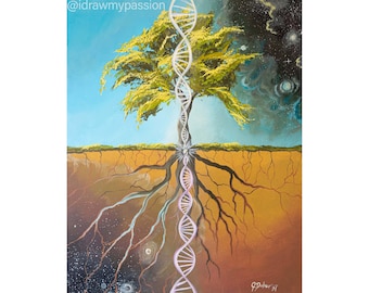 May include: Acrylic painting depicting a tree with a DNA strand running through it. The tree's roots are in the earth, and the branches reach into a blue sky. The background is split, with a starry night on the right and a blue sky on the left. The text "@idrawmypassion" is in the upper left corner.
