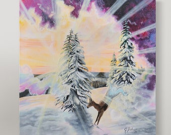 May include: An original painting depicts a winter landscape with snow-covered pine trees and a leaping deer. The artwork features a vibrant sky with shades of purple, pink, and yellow, creating a dramatic and colorful scene. The painting is signed by the artist.