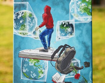 May include: An acrylic painting on canvas depicts a person in a red hoodie and blue jeans standing on a book above a globe. The background is blue with floating globes in clear cubes. A backpack, roses, and other books are also present.
