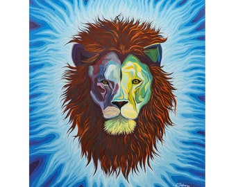 May include: A colorful painting of a lion's face, split vertically with different hues. The left side features dark blues and purples, while the right side showcases greens and yellows. The lion's mane is a rich brown against a blue background.