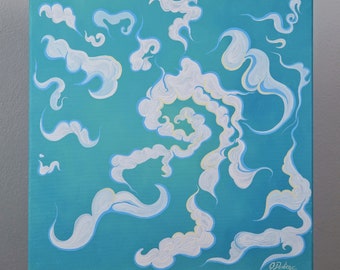 May include: Square canvas art featuring a turquoise background with white, cloud-like shapes. The clouds have soft edges and are painted with a mix of white and light blue. The artwork is signed in the bottom right corner.
