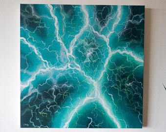 May include: Square canvas art featuring a teal and dark teal abstract design of lightning bolts. The lightning bolts are white and create a striking contrast against the teal background. The artwork is mounted on a white wall.