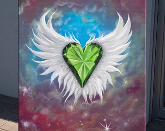 May include: An original painting on canvas featuring a green heart-shaped gemstone with white feathered wings against a cosmic background of blues, purples, and stars. The artwork is signed in the lower left corner.