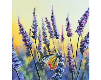 May include: An original painting of lavender fields with a butterfly. The artwork features vibrant purple lavender flowers with a yellow and orange background. A butterfly with yellow, red, and white wings rests on the lavender. Signed by the artist, dated 2022.