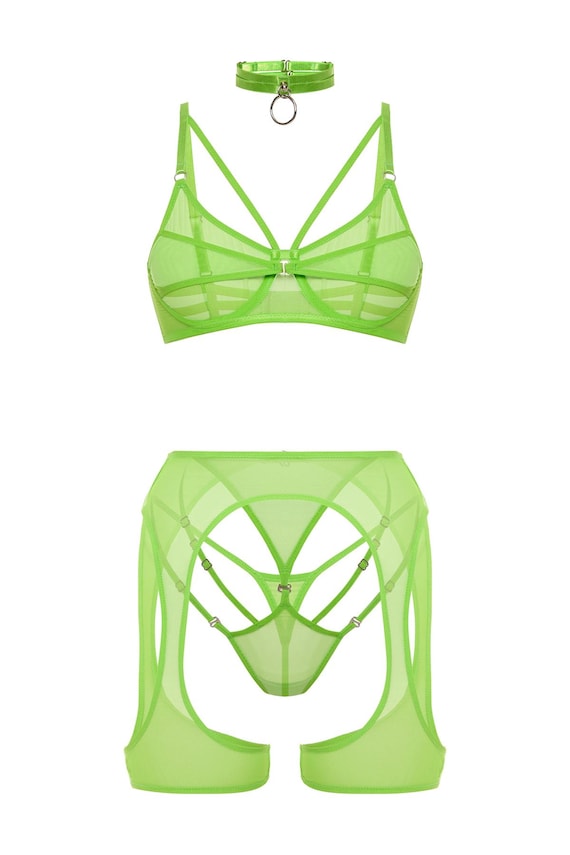 Neon Green Mesh Lingerie Set – Handmade Bra, Panties, and Choker