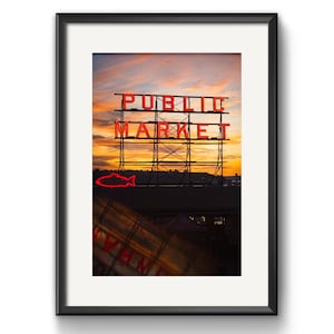 Pike Place Market Neon Sign Sunset Print - Seattle Fine Art Photography