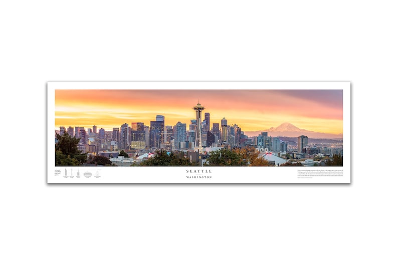 Seattle Skyline Panoramic Print Wall Decor Seattle Large Etsy