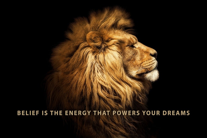 Pode incluir: Um close-up da cabe&ccedil;a e juba de um le&atilde;o contra um fundo preto. O le&atilde;o tem os olhos fechados e a boca ligeiramente aberta. O texto "BELIEF IS THE ENERGY THAT POWERS YOUR DREAMS" est&aacute; escrito abaixo do le&atilde;o.