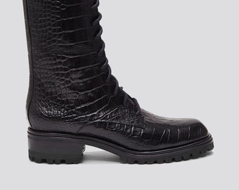 High Roma Lace Up Boot in Black Croco