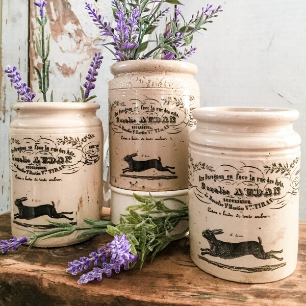 Antique/Vintage 1# Stoneware Jam crock w/French hare transfer - Antique, English advertising. Perfect for your Vintage decor.  Spring decor.