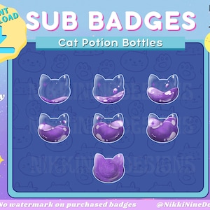 May include: Set of six purple cat potion bottle badges in three sizes: 18x18 pixels, 36x36 pixels, and 72x72 pixels. The badges feature a cartoon cat head inside a potion bottle with a purple liquid.