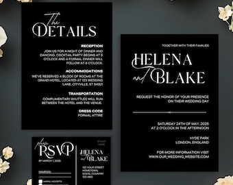 May include: Black and white wedding invitation with the text "The Details" and "Helena and Blake" with a black and white RSVP card. The invitation includes details about the reception, accommodations, transportation, and dress code. The RSVP card includes the couple's names and address, and a place to RSVP by March 1, 2025.