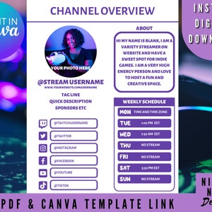 Modelo de visão geral do canal Twitch Stream para Canva | Editável | Planejador de streaming