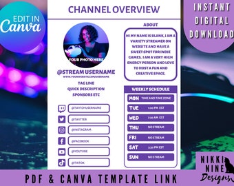 Twitch Stream Channel Overview Template for Canva | Editable | Streaming Planner