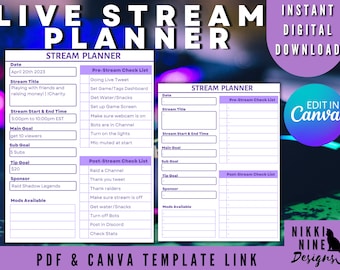 Live Stream Planner for Canva | Editable | Printable | Streaming Planner