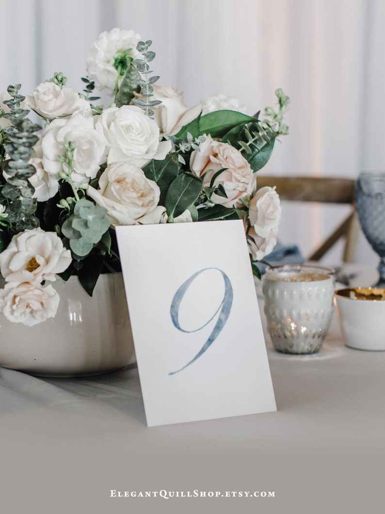 Dusty Blue Wedding, Blue Table Numbers, Watercolor, Printable Table Numbers, Digital Download, Beach Wedding Decor, Dusty Blue Wedding Decor image 5