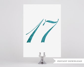 Teal Table Numbers, Beach Wedding Decor, Printable Table Numbers, Digital Download, Wedding Table Numbers, Watercolor, Teal Wedding Decor